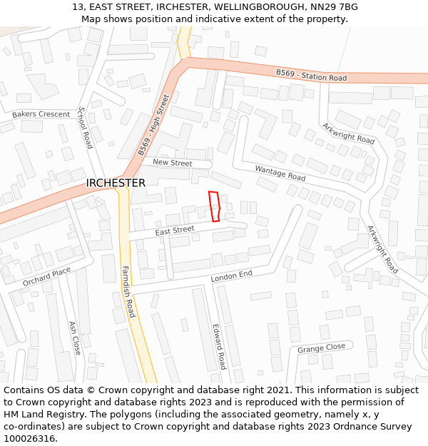 13, EAST STREET, IRCHESTER, WELLINGBOROUGH, NN29 7BG: Location map and indicative extent of plot