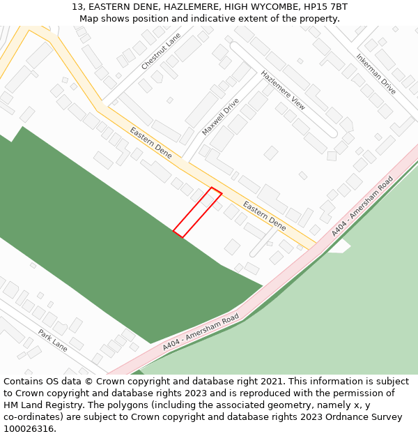 13, EASTERN DENE, HAZLEMERE, HIGH WYCOMBE, HP15 7BT: Location map and indicative extent of plot