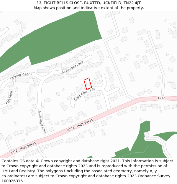 13, EIGHT BELLS CLOSE, BUXTED, UCKFIELD, TN22 4JT: Location map and indicative extent of plot