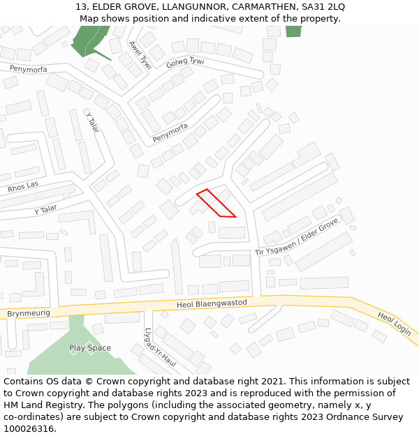 13, ELDER GROVE, LLANGUNNOR, CARMARTHEN, SA31 2LQ: Location map and indicative extent of plot
