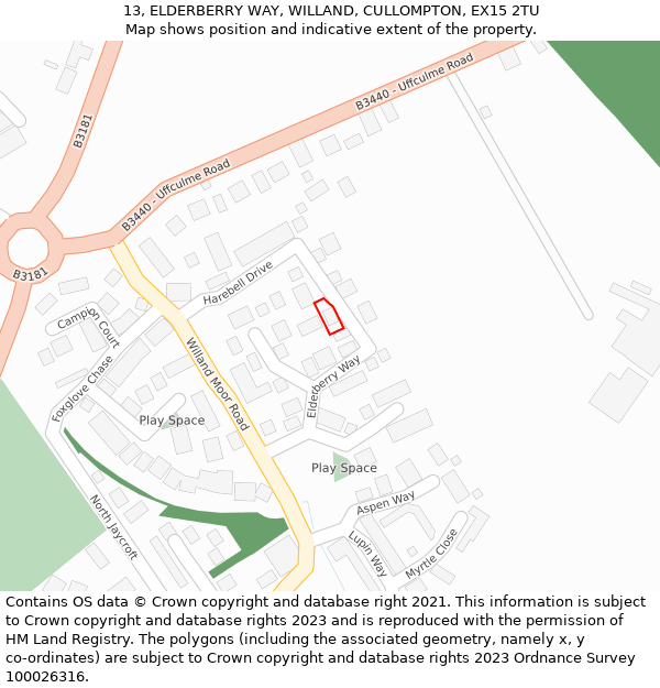 13, ELDERBERRY WAY, WILLAND, CULLOMPTON, EX15 2TU: Location map and indicative extent of plot