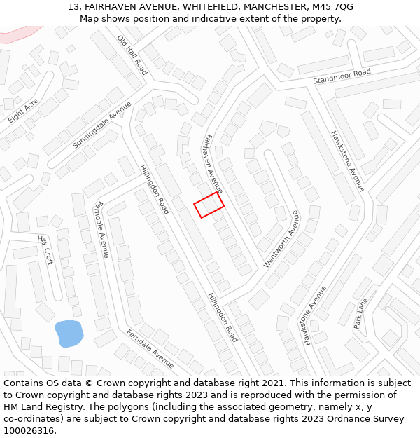13, FAIRHAVEN AVENUE, WHITEFIELD, MANCHESTER, M45 7QG: Location map and indicative extent of plot