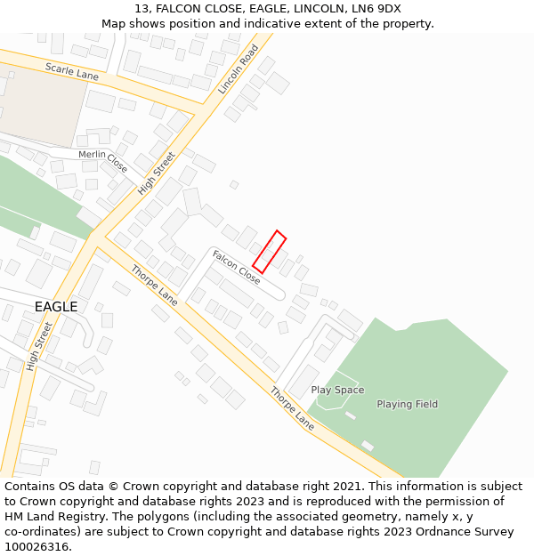 13, FALCON CLOSE, EAGLE, LINCOLN, LN6 9DX: Location map and indicative extent of plot