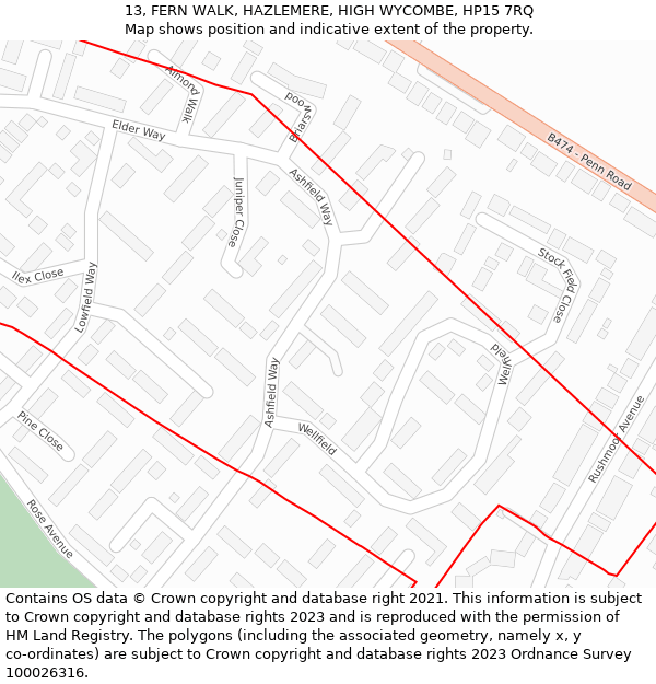 13, FERN WALK, HAZLEMERE, HIGH WYCOMBE, HP15 7RQ: Location map and indicative extent of plot