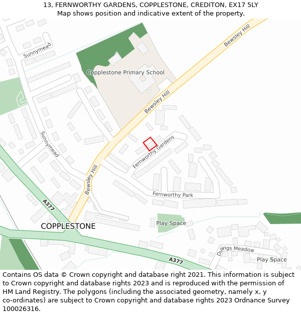 13, FERNWORTHY GARDENS, COPPLESTONE, CREDITON, EX17 5LY: Location map and indicative extent of plot