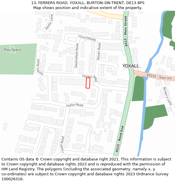 13, FERRERS ROAD, YOXALL, BURTON-ON-TRENT, DE13 8PS: Location map and indicative extent of plot