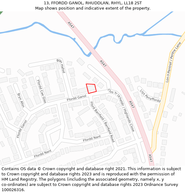 13, FFORDD GANOL, RHUDDLAN, RHYL, LL18 2ST: Location map and indicative extent of plot