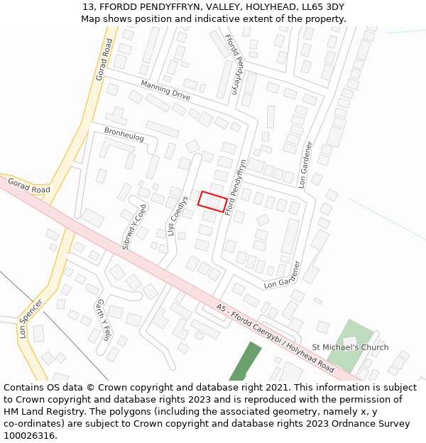 13, FFORDD PENDYFFRYN, VALLEY, HOLYHEAD, LL65 3DY: Location map and indicative extent of plot