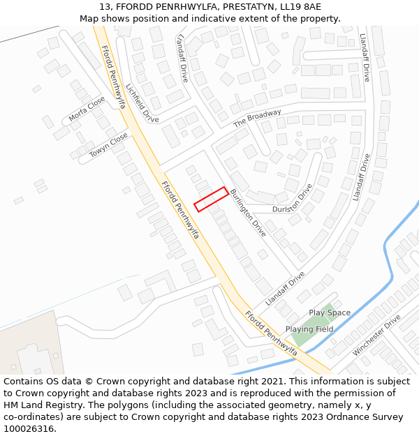 13, FFORDD PENRHWYLFA, PRESTATYN, LL19 8AE: Location map and indicative extent of plot