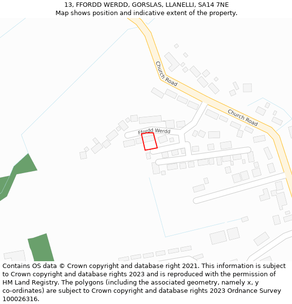 13, FFORDD WERDD, GORSLAS, LLANELLI, SA14 7NE: Location map and indicative extent of plot