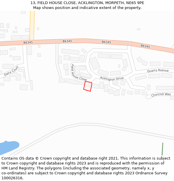 13, FIELD HOUSE CLOSE, ACKLINGTON, MORPETH, NE65 9PE: Location map and indicative extent of plot