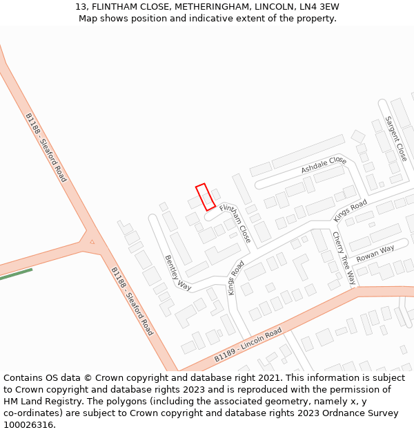 13, FLINTHAM CLOSE, METHERINGHAM, LINCOLN, LN4 3EW: Location map and indicative extent of plot