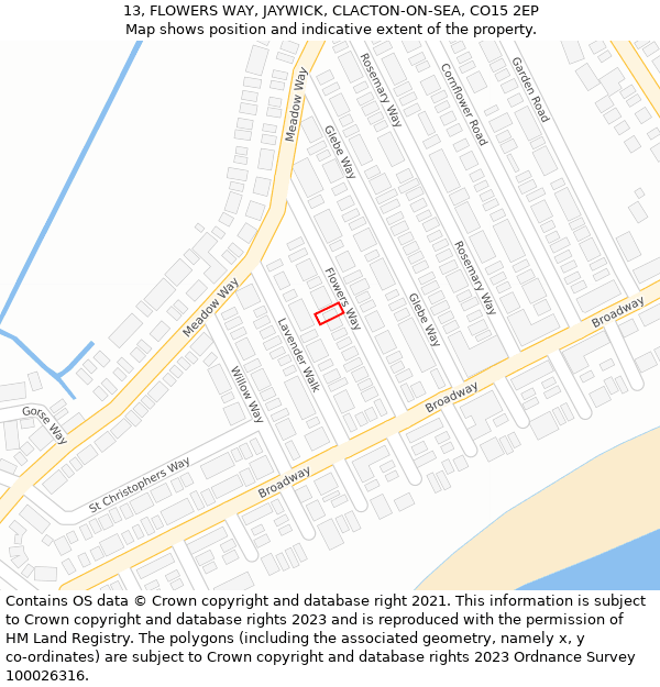 13, FLOWERS WAY, JAYWICK, CLACTON-ON-SEA, CO15 2EP: Location map and indicative extent of plot