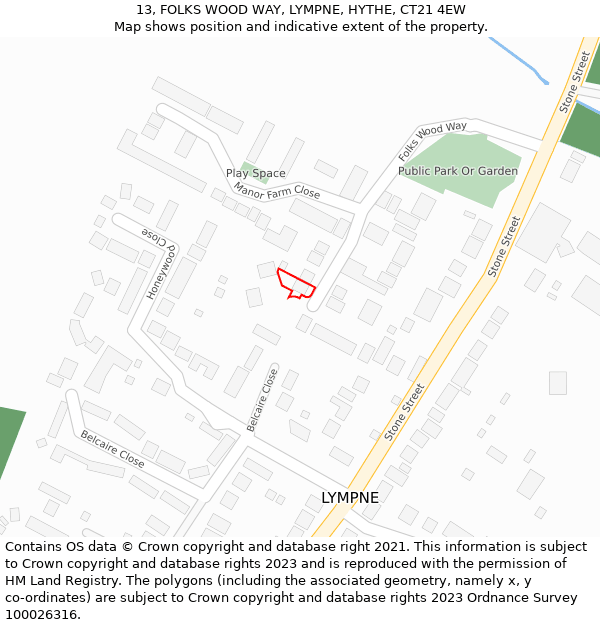 13, FOLKS WOOD WAY, LYMPNE, HYTHE, CT21 4EW: Location map and indicative extent of plot