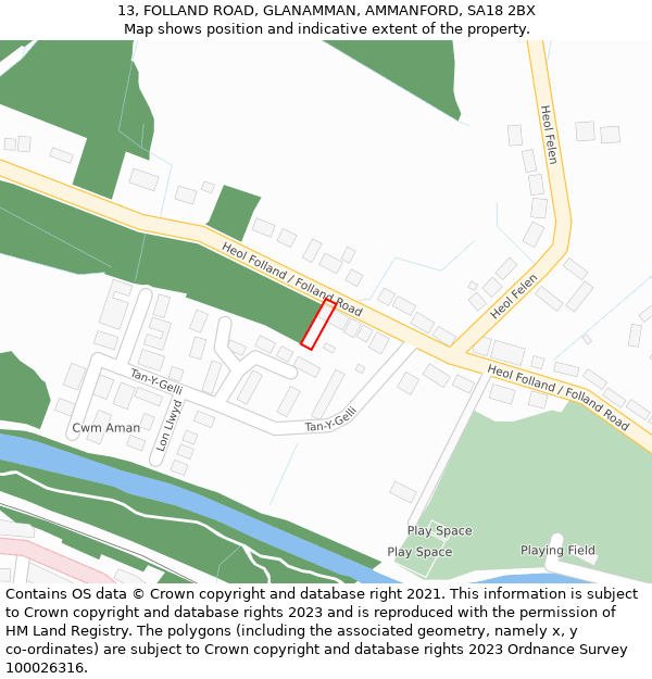13, FOLLAND ROAD, GLANAMMAN, AMMANFORD, SA18 2BX: Location map and indicative extent of plot