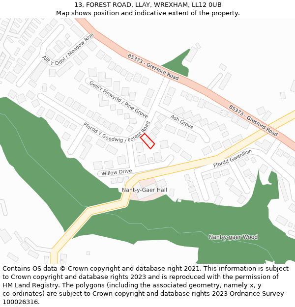 13, FOREST ROAD, LLAY, WREXHAM, LL12 0UB: Location map and indicative extent of plot