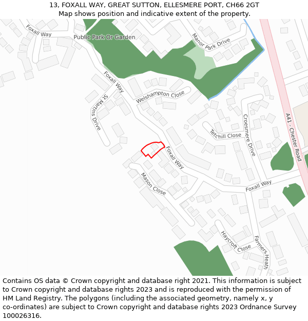 13, FOXALL WAY, GREAT SUTTON, ELLESMERE PORT, CH66 2GT: Location map and indicative extent of plot