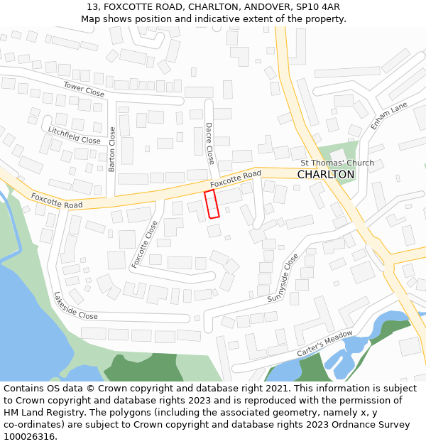 13, FOXCOTTE ROAD, CHARLTON, ANDOVER, SP10 4AR: Location map and indicative extent of plot