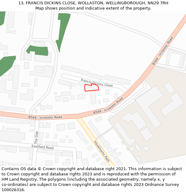 13, FRANCIS DICKINS CLOSE, WOLLASTON, WELLINGBOROUGH, NN29 7RH: Location map and indicative extent of plot