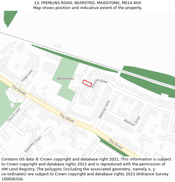 13, FREMLINS ROAD, BEARSTED, MAIDSTONE, ME14 4HA: Location map and indicative extent of plot