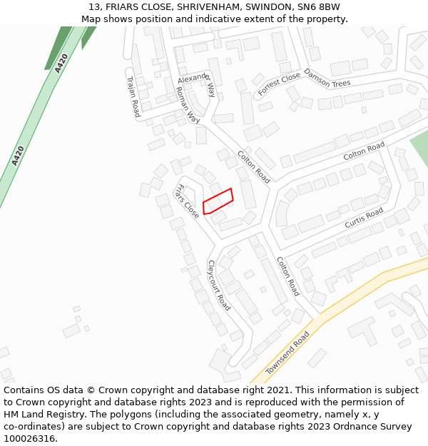 13, FRIARS CLOSE, SHRIVENHAM, SWINDON, SN6 8BW: Location map and indicative extent of plot