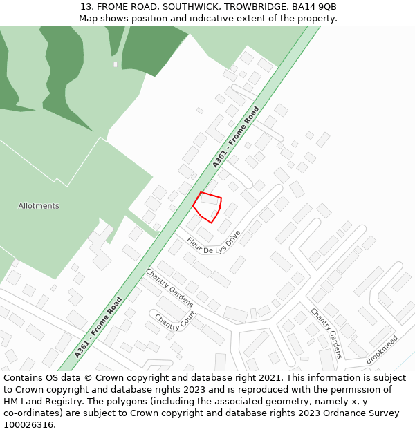 13, FROME ROAD, SOUTHWICK, TROWBRIDGE, BA14 9QB: Location map and indicative extent of plot