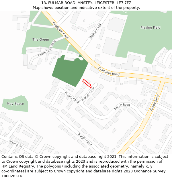 13, FULMAR ROAD, ANSTEY, LEICESTER, LE7 7FZ: Location map and indicative extent of plot