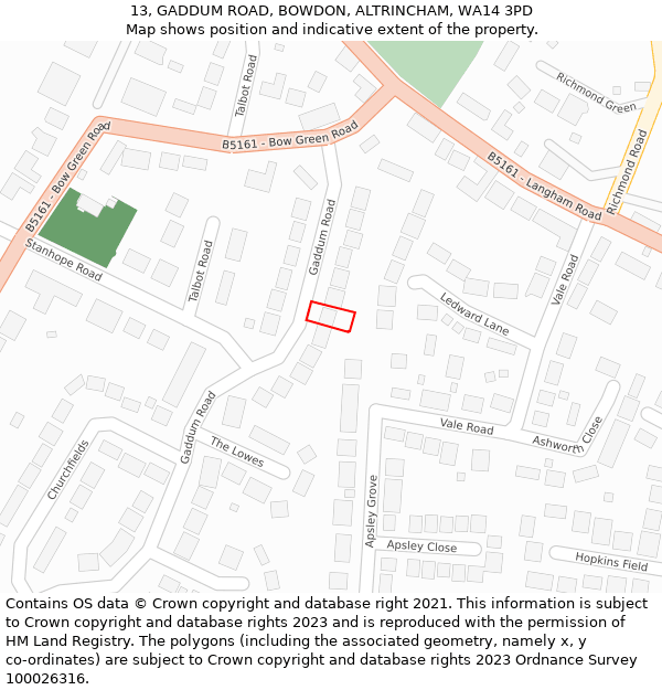 13, GADDUM ROAD, BOWDON, ALTRINCHAM, WA14 3PD: Location map and indicative extent of plot