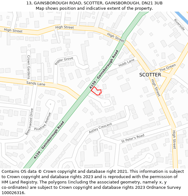 13, GAINSBOROUGH ROAD, SCOTTER, GAINSBOROUGH, DN21 3UB: Location map and indicative extent of plot