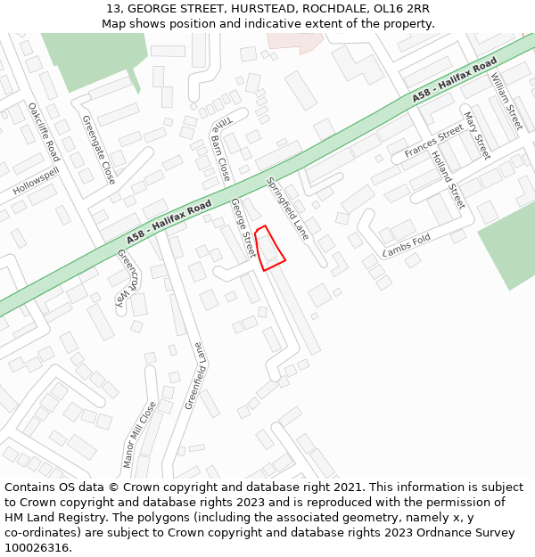 13, GEORGE STREET, HURSTEAD, ROCHDALE, OL16 2RR: Location map and indicative extent of plot