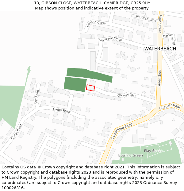 13, GIBSON CLOSE, WATERBEACH, CAMBRIDGE, CB25 9HY: Location map and indicative extent of plot