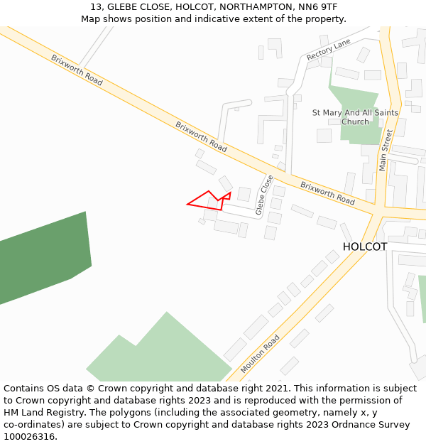 13, GLEBE CLOSE, HOLCOT, NORTHAMPTON, NN6 9TF: Location map and indicative extent of plot