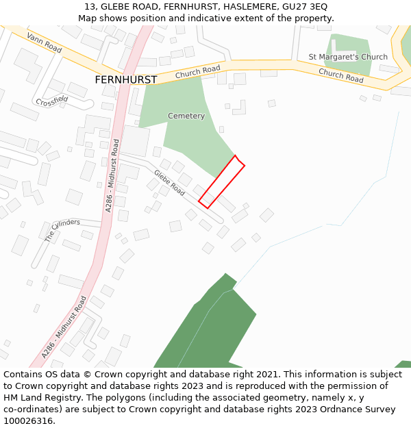 13, GLEBE ROAD, FERNHURST, HASLEMERE, GU27 3EQ: Location map and indicative extent of plot