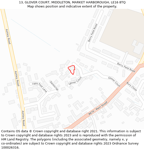 13, GLOVER COURT, MIDDLETON, MARKET HARBOROUGH, LE16 8TQ: Location map and indicative extent of plot