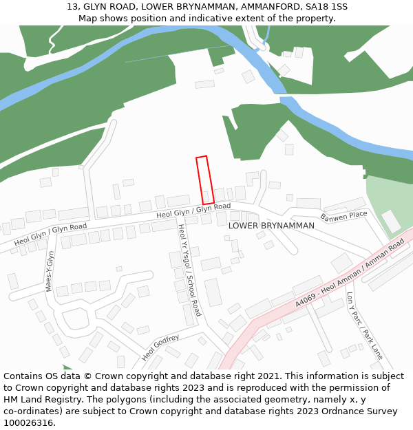 13, GLYN ROAD, LOWER BRYNAMMAN, AMMANFORD, SA18 1SS: Location map and indicative extent of plot