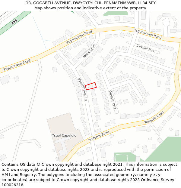 13, GOGARTH AVENUE, DWYGYFYLCHI, PENMAENMAWR, LL34 6PY: Location map and indicative extent of plot