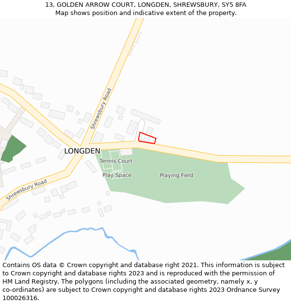 13, GOLDEN ARROW COURT, LONGDEN, SHREWSBURY, SY5 8FA: Location map and indicative extent of plot