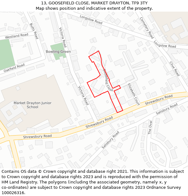 13, GOOSEFIELD CLOSE, MARKET DRAYTON, TF9 3TY: Location map and indicative extent of plot