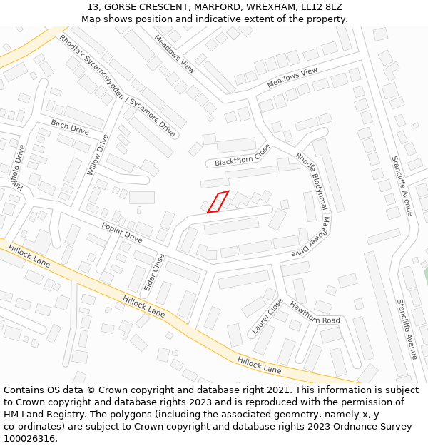 13, GORSE CRESCENT, MARFORD, WREXHAM, LL12 8LZ: Location map and indicative extent of plot