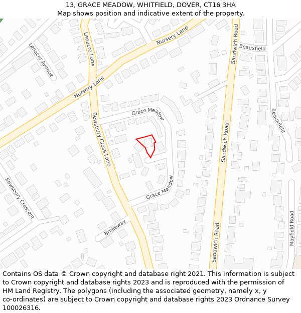 13, GRACE MEADOW, WHITFIELD, DOVER, CT16 3HA: Location map and indicative extent of plot
