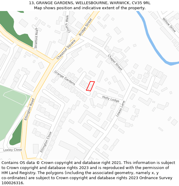 13, GRANGE GARDENS, WELLESBOURNE, WARWICK, CV35 9RL: Location map and indicative extent of plot