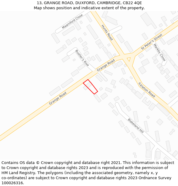 13, GRANGE ROAD, DUXFORD, CAMBRIDGE, CB22 4QE: Location map and indicative extent of plot