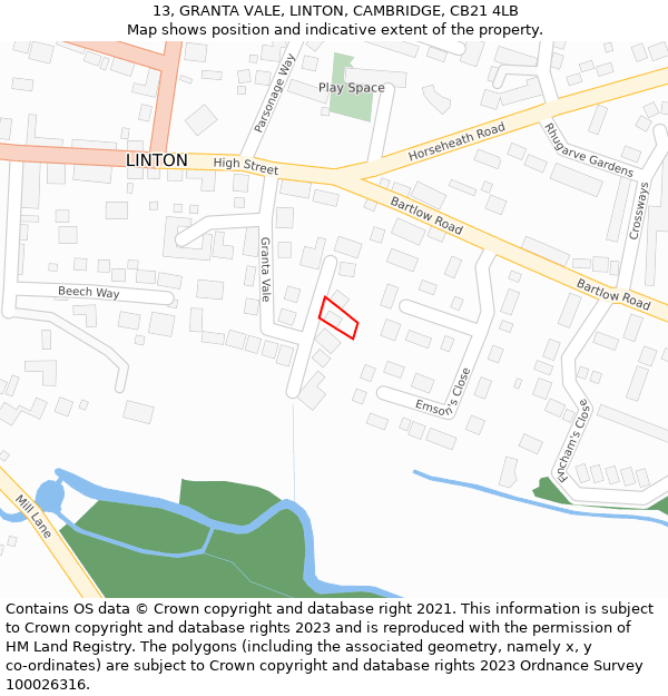 13, GRANTA VALE, LINTON, CAMBRIDGE, CB21 4LB: Location map and indicative extent of plot