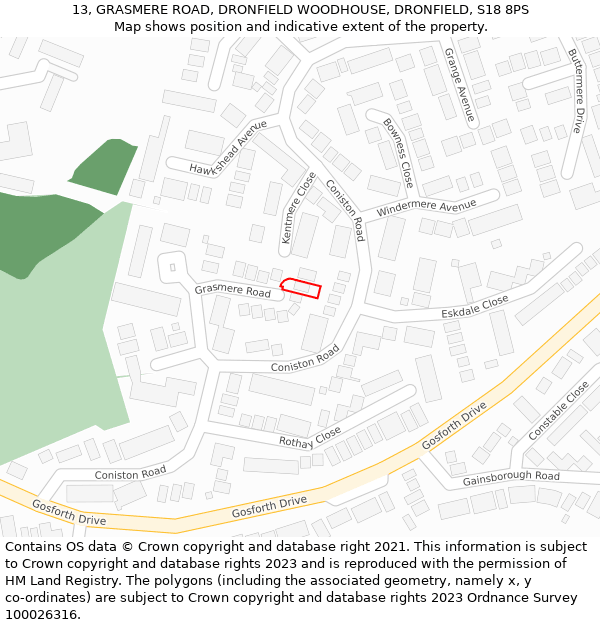 13, GRASMERE ROAD, DRONFIELD WOODHOUSE, DRONFIELD, S18 8PS: Location map and indicative extent of plot