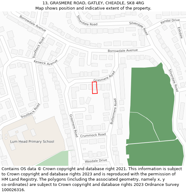 13, GRASMERE ROAD, GATLEY, CHEADLE, SK8 4RG: Location map and indicative extent of plot