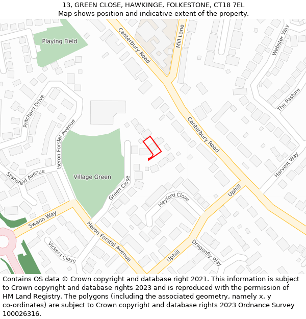 13, GREEN CLOSE, HAWKINGE, FOLKESTONE, CT18 7EL: Location map and indicative extent of plot