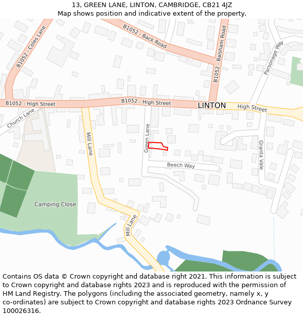 13, GREEN LANE, LINTON, CAMBRIDGE, CB21 4JZ: Location map and indicative extent of plot
