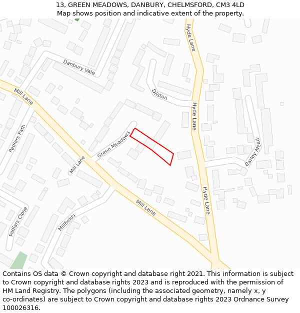 13, GREEN MEADOWS, DANBURY, CHELMSFORD, CM3 4LD: Location map and indicative extent of plot