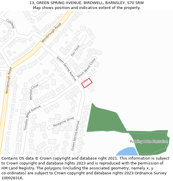 13, GREEN SPRING AVENUE, BIRDWELL, BARNSLEY, S70 5RW: Location map and indicative extent of plot