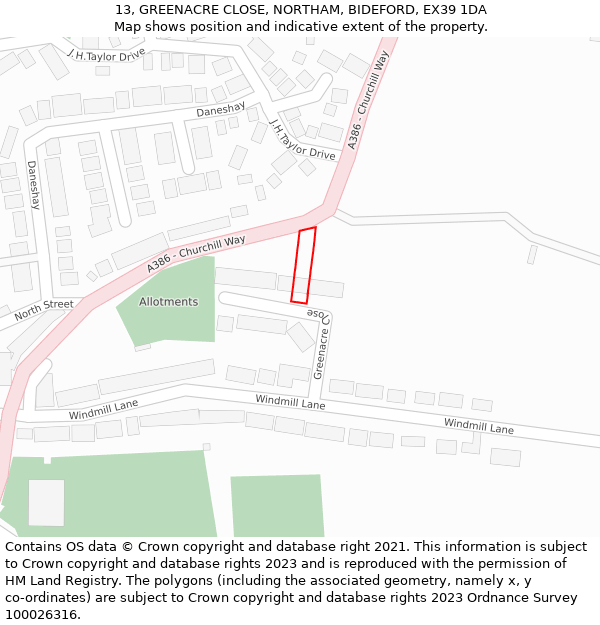 13, GREENACRE CLOSE, NORTHAM, BIDEFORD, EX39 1DA: Location map and indicative extent of plot